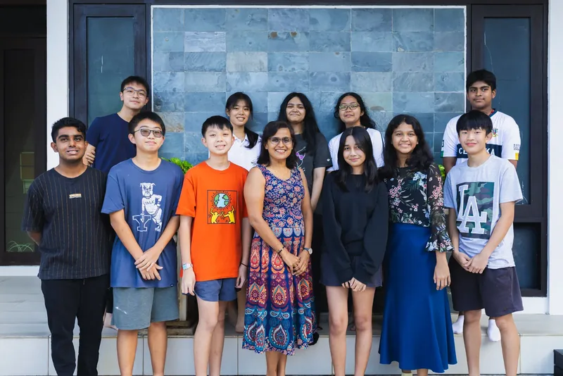 A-Level and Pre-University students with their teacher outside Epic Smart Academy in Bangsar, Kuala Lumpur